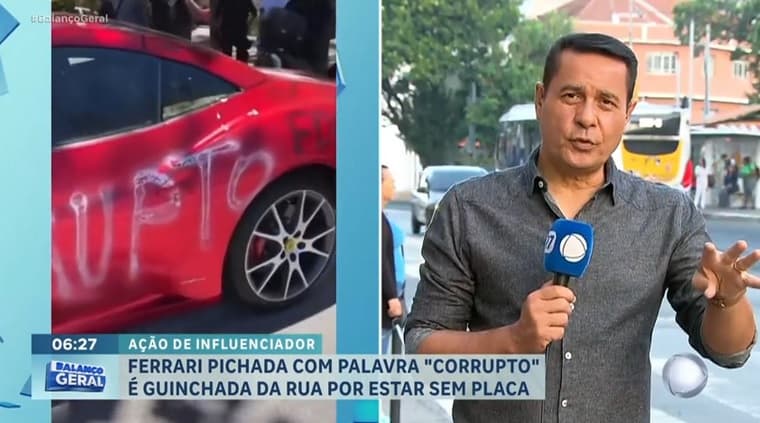 Ferrari pichada com a palavra "corrupto" é guinchada por estar sem placa